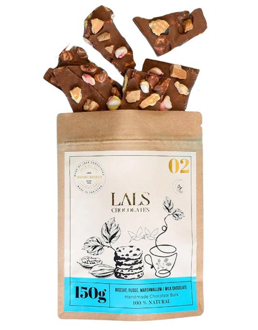 Biscuits, Fudge and Marshmallows in Milk Chocolate Bark Pouch