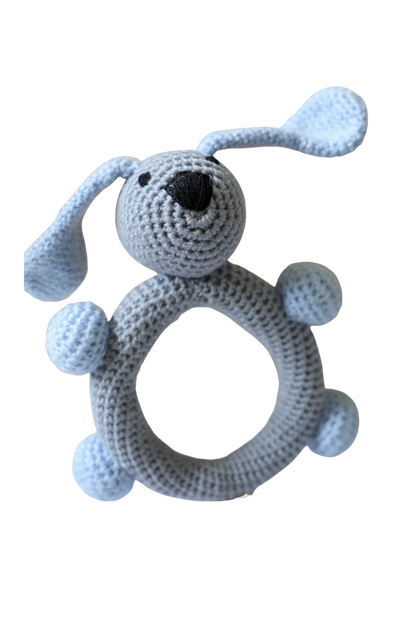 Greet your little one with this cheerful blue bunny rattle! Crafted from soft crochet, this round rattle will be a fun and cuddly companion for your baby. 
