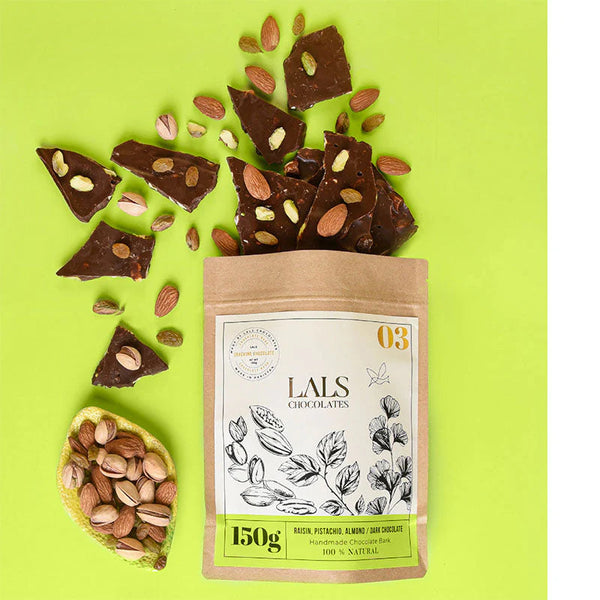 Raisins, Pistachio And Alomond In Dark Chocolate Bark Pouch