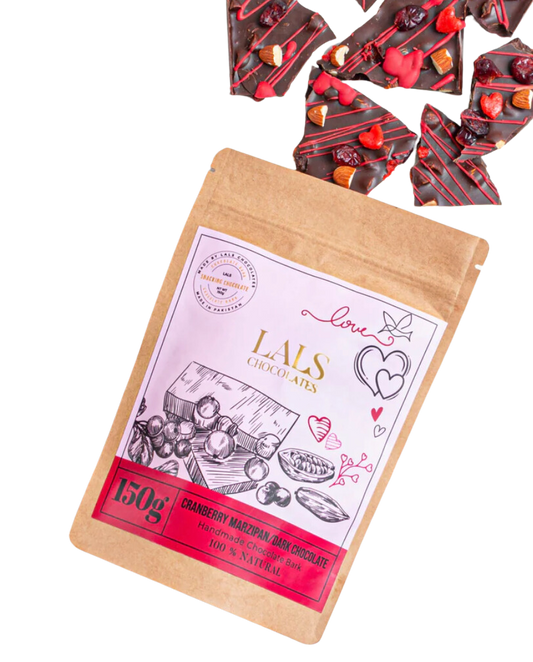 Cranberries, Nuts & Marzipan Hearts Dark Chocolate Bark Pouch